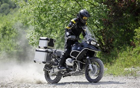 Black BMW motorcycle, fuel door