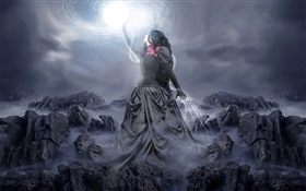Black dress fantasy girl touch the moon HD wallpaper