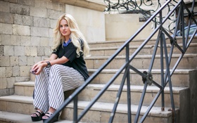 Blonde girl sit at stairs, fence HD wallpaper