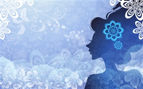 Blue background, vector girl, flowers, butterfly HD wallpaper