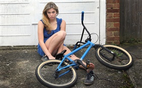 Blue dress girl, bike HD wallpaper