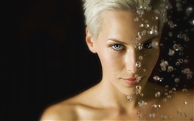 Blue eyes girl, short hair, water drops HD wallpaper