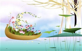 Boat, flowers, trees, river, spring season, creative, vector design HD wallpaper