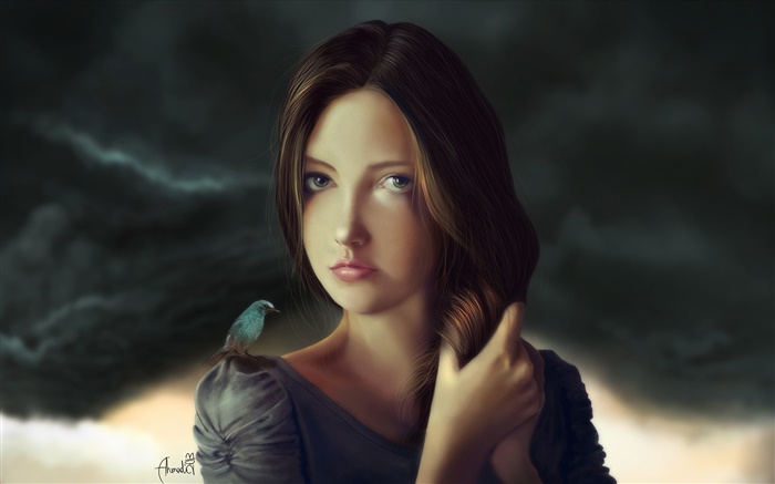 Brown color haired fantasy girl with bird Wallpapers Pictures Photos Images