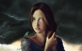 Brown color haired fantasy girl with bird HD wallpaper