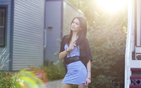 Brunette hair girl, sun, house HD wallpaper