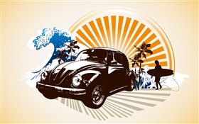 Car, palm trees, man, coast, tropical, vector pictures HD wallpaper