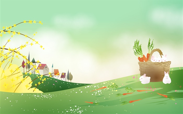 Carrots, white rabbit, basket, spring theme vector image Wallpapers Pictures Photos Images