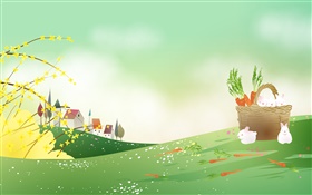 Carrots, white rabbit, basket, spring theme vector image HD wallpaper