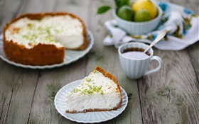 Cheesecake, dessert, coffee, wood board HD wallpaper