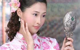 Cheongsam girl use the mirror, China, Asian HD wallpaper