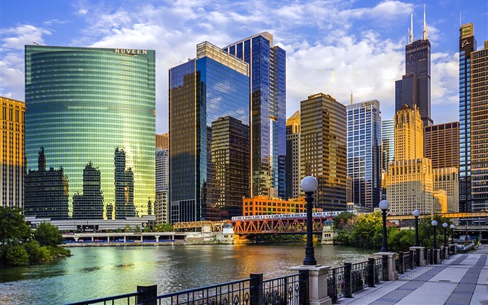 Chicago city, Illinois, USA, skyscrapers, river, bridge Wallpapers Pictures Photos Images