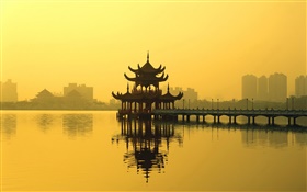 Chinese landscape, a pavilion, lake, dusk HD wallpaper