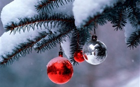 Christmas balls, tree, twigs, thick snow HD wallpaper