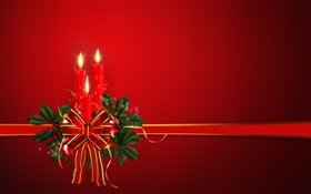 Christmas theme, ribbon, candles, red background HD wallpaper