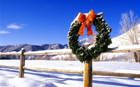 Christmas wreath, snow, fence HD wallpaper