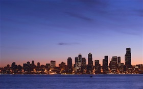 City at dusk, buildings, lights, river