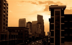 City at dusk, houses, road, traffic, cars, red sky HD wallpaper