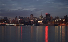 City night, lights, houses, buildings, river