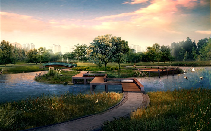 City park, wooden bridge, river, birds, trees, 3D design Wallpapers Pictures Photos Images
