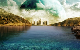 City, planet, clouds, mountains, lake, creative design HD wallpaper