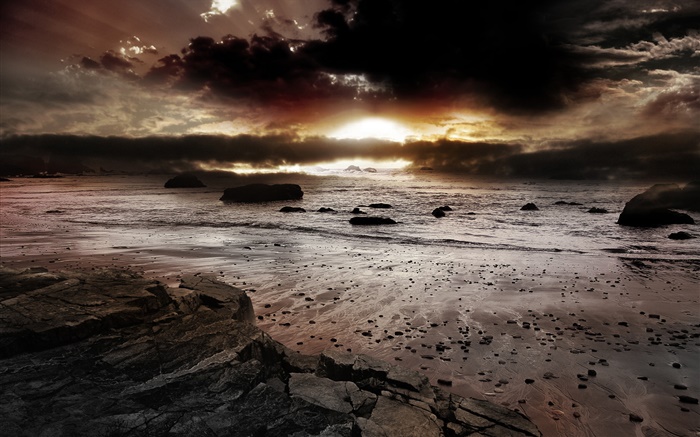 Coast, sunset, sea, beach, clouds, sun Wallpapers Pictures Photos Images