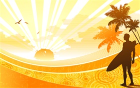 Coast, tropical, palm trees, sun, man, vector design HD wallpaper