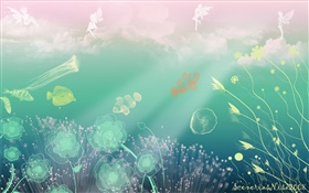 Creative design, art, underwater, sea, fish, flowers, angel HD wallpaper