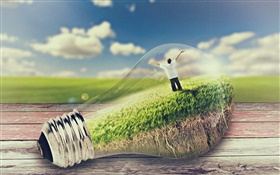 Creative design, light bulb, sky, grass, joy people HD wallpaper