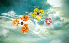 Creative design, red, orange, yellow trees, sky, clouds HD wallpaper