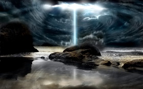 Creative design, storm, lightning, clouds, sea, stones HD wallpaper