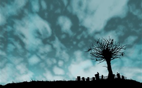 Creative pictures, black shape, tree, birds, fence, clouds HD wallpaper