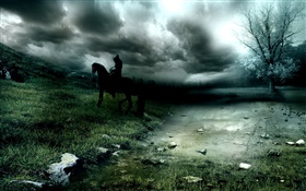 Creative pictures, grass, horse, river, trees, clouds
