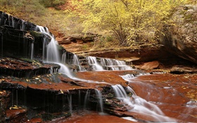 Creek, stairs, waterfalls, nature scenery HD wallpaper