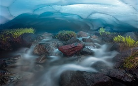 Creek, stones, snow HD wallpaper