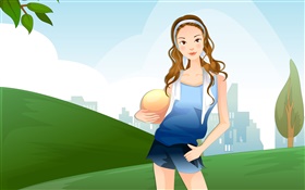 Curly hair vector girl hold a ball HD wallpaper
