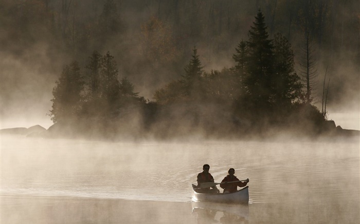 Dawn, river, boat, mist Wallpapers Pictures Photos Images