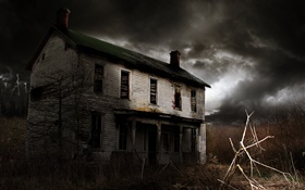 Dilapidated old house, lightning, clouds HD wallpaper