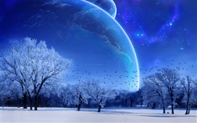 Dream world, winter, trees, birds, planets, blue style HD wallpaper