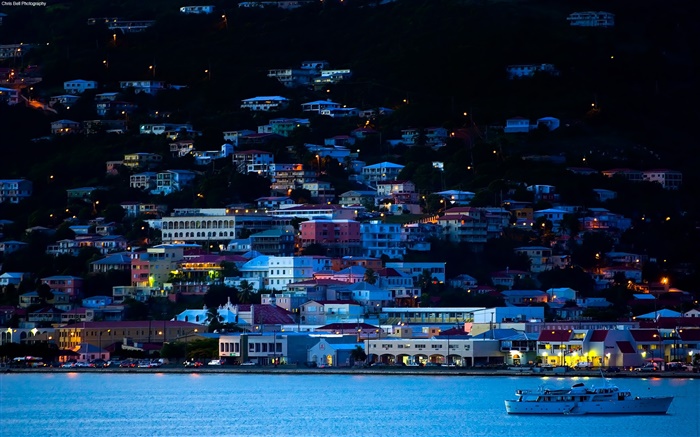 Dusk, city, evening, houses, mountain, river, ship Wallpapers Pictures Photos Images