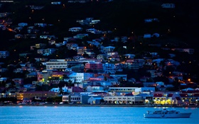 Dusk, city, evening, houses, mountain, river, ship HD wallpaper