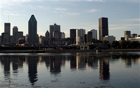 Dusk, city, high buildings, river, water reflection HD wallpaper