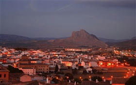 Dusk, city, houses, mountains
