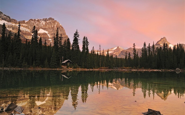Dusk, lake, house, trees, mountains Wallpapers Pictures Photos Images