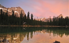Dusk, lake, house, trees, mountains HD wallpaper