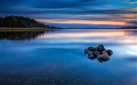 Dusk, lake, water, stones, trees, Norway nature landscape HD wallpaper