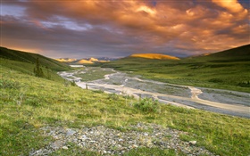 Dusk, river, slope, clouds