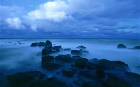 Dusk, sea, coast, rocks, clouds, blue style HD wallpaper