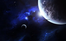 Earth and moon, space, blue light