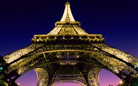 Eiffel Tower, look up, lights, night, Paris, France HD wallpaper